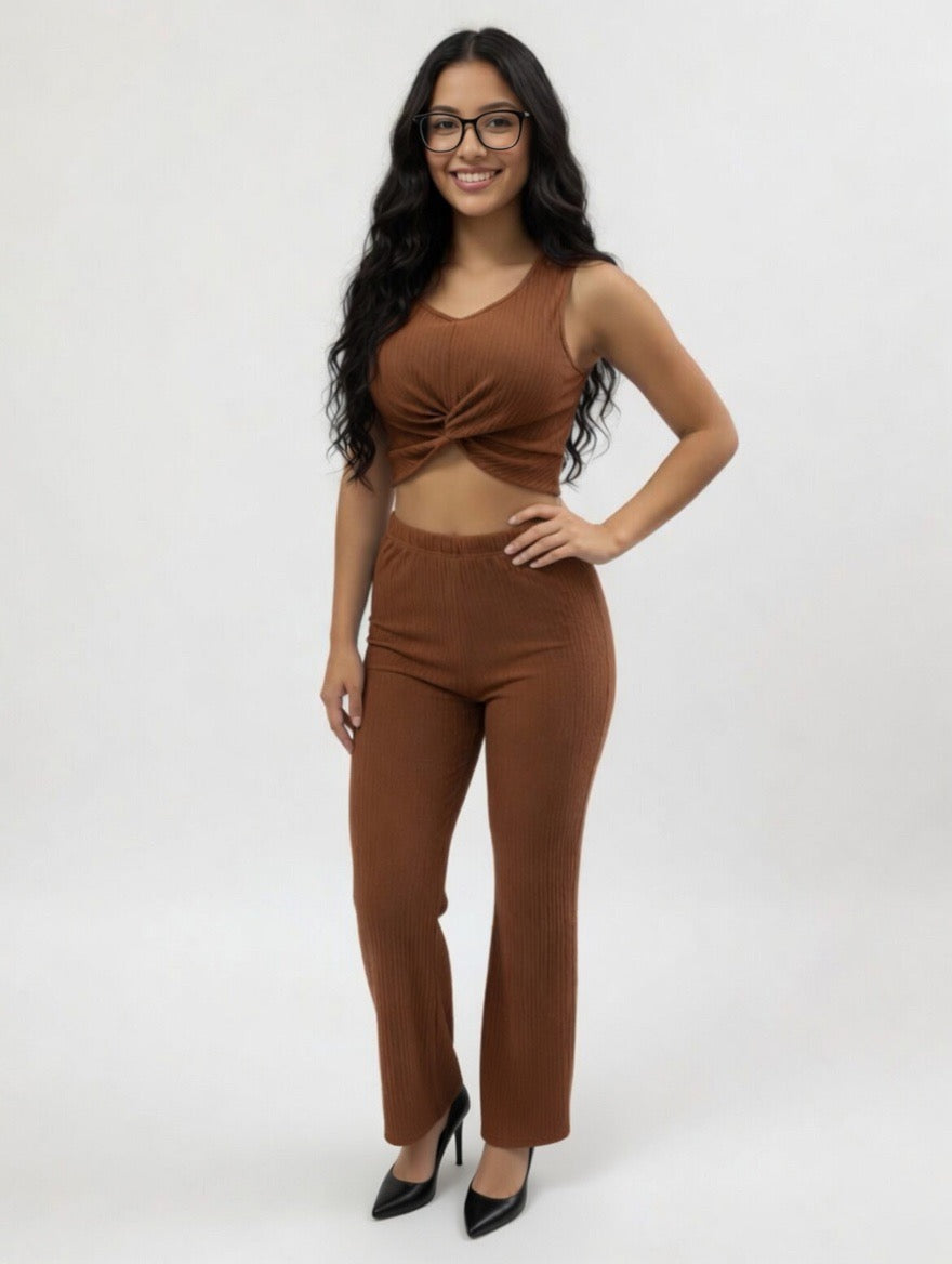 Woman wearing a brown outfit on a white background