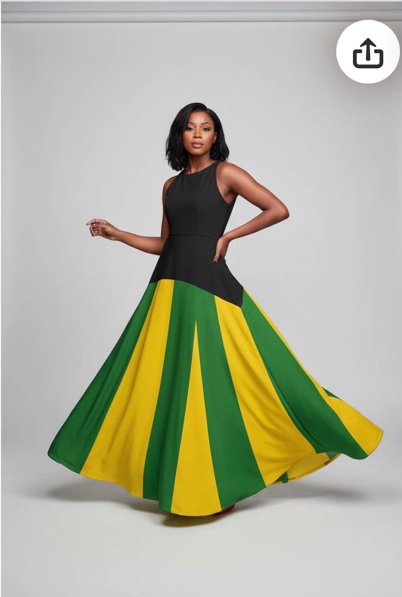 Jamaican Flag Colorblock Maxi Dress | Sleeveless Fit and Flare Gown