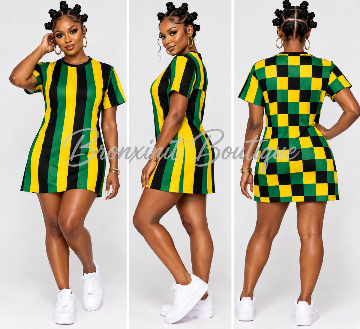 Jamaica Yard Vibes Stripe & Check Cotton Mini T-shirt Dress 🇯🇲