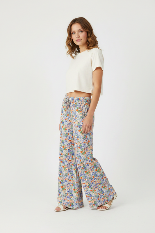 Women Floral Lightweight Wide Leg Pants With Elastic Waist, Drawstring and Pockets