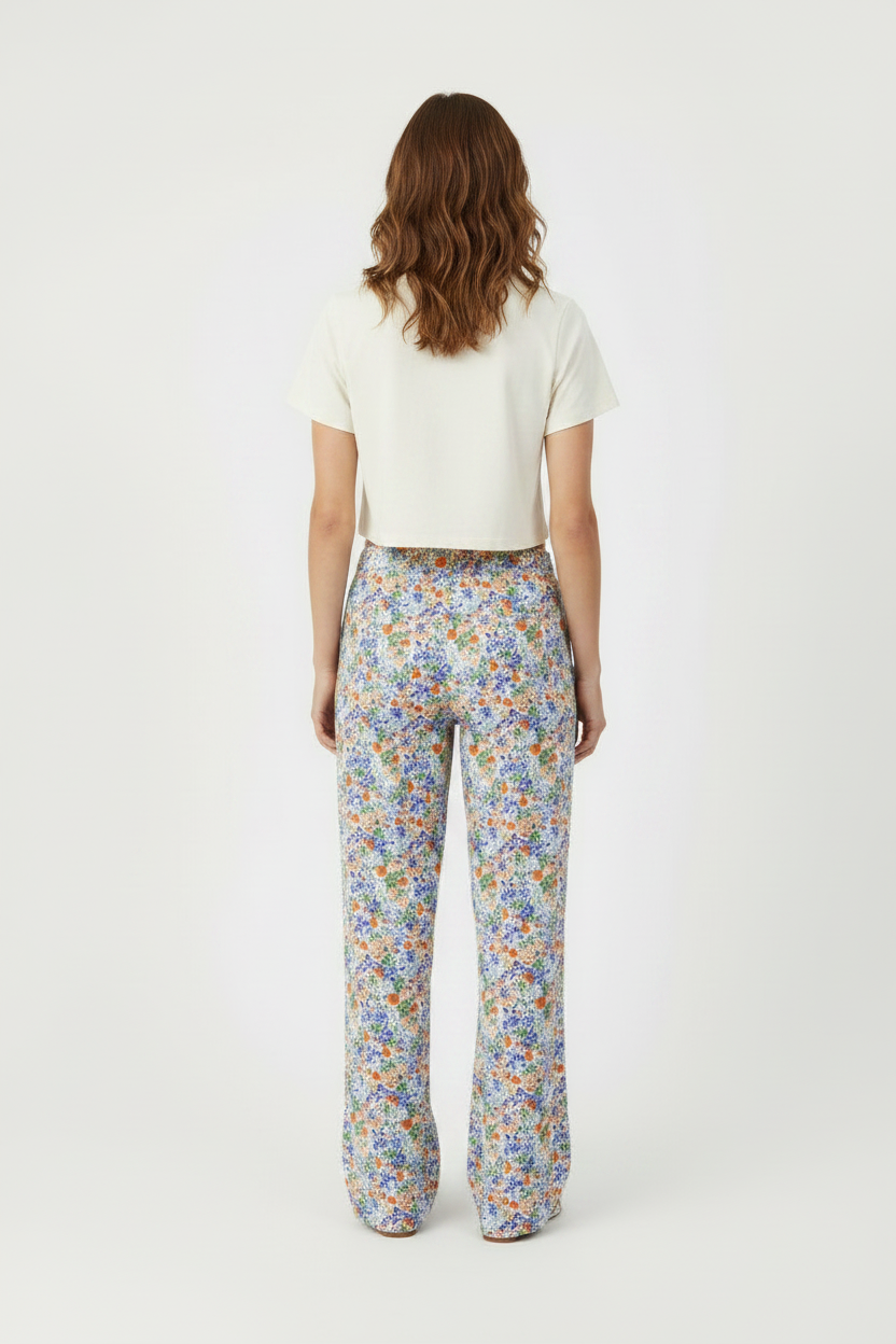 Women Floral Lightweight Wide Leg Pants With Elastic Waist, Drawstring and Pockets