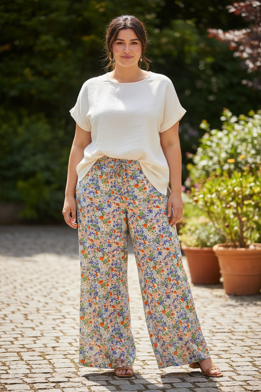Women Floral Lightweight Wide Leg Pants With Elastic Waist, Drawstring and Pockets