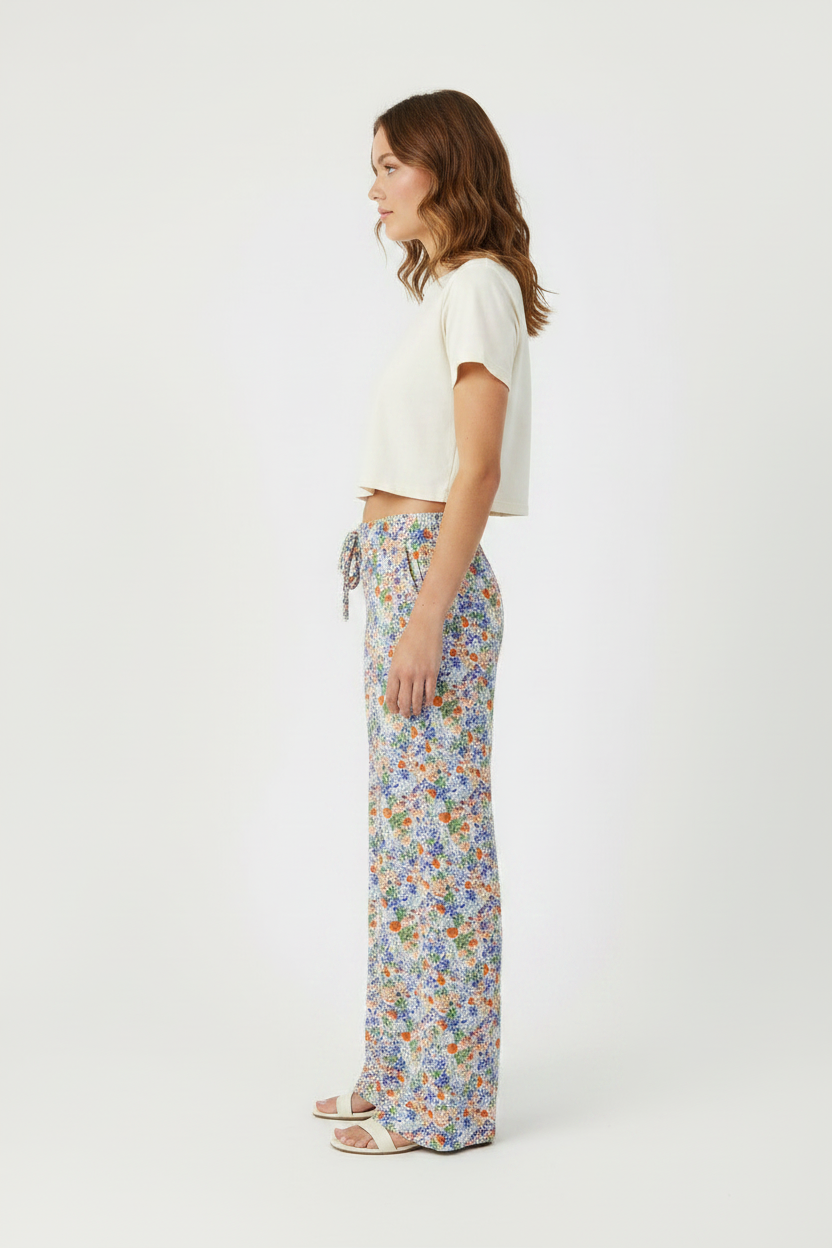 Women Floral Lightweight Wide Leg Pants With Elastic Waist, Drawstring and Pockets
