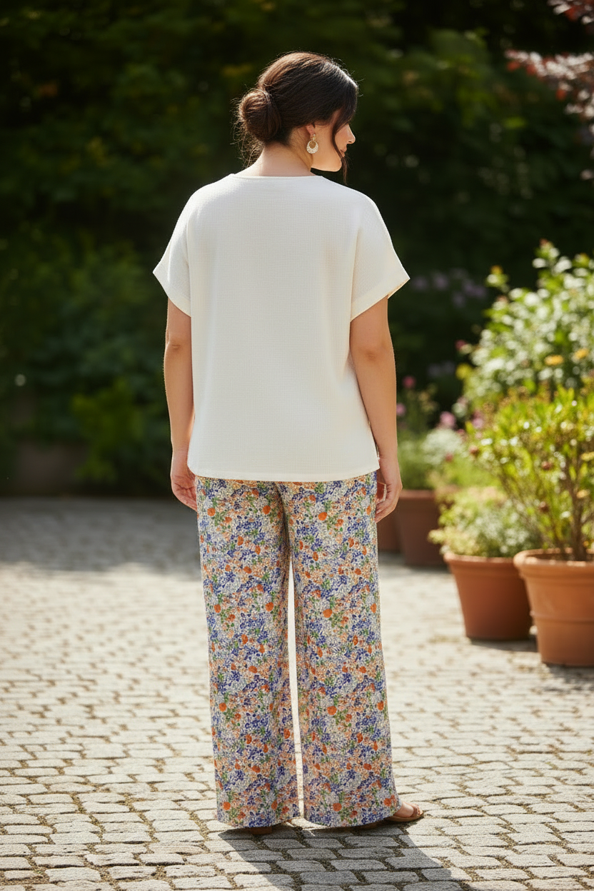 Women Floral Lightweight Wide Leg Pants With Elastic Waist, Drawstring and Pockets