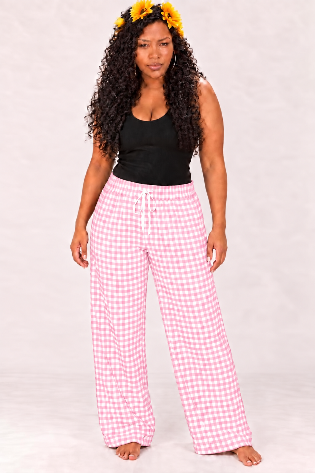 Women’s Gingham Wide Leg Pants – Plaid Drawstring Casual Lounge Pants, 6 Colors