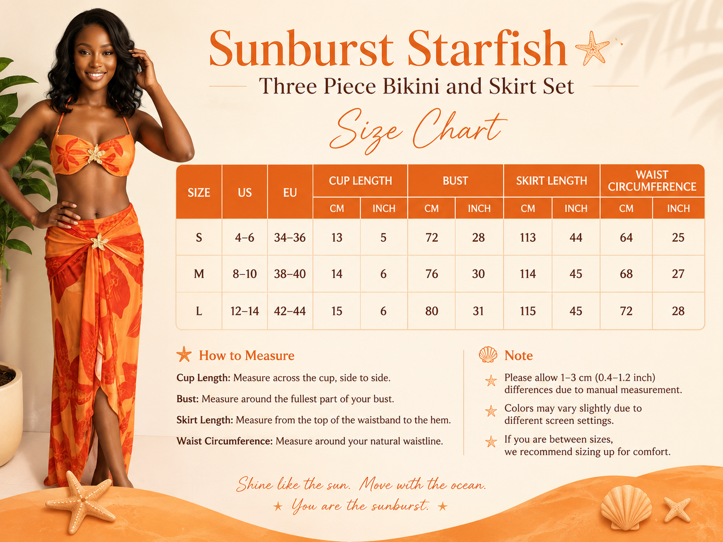 Sunburst Starfish Three-Piece Bikini and Skirt Set.