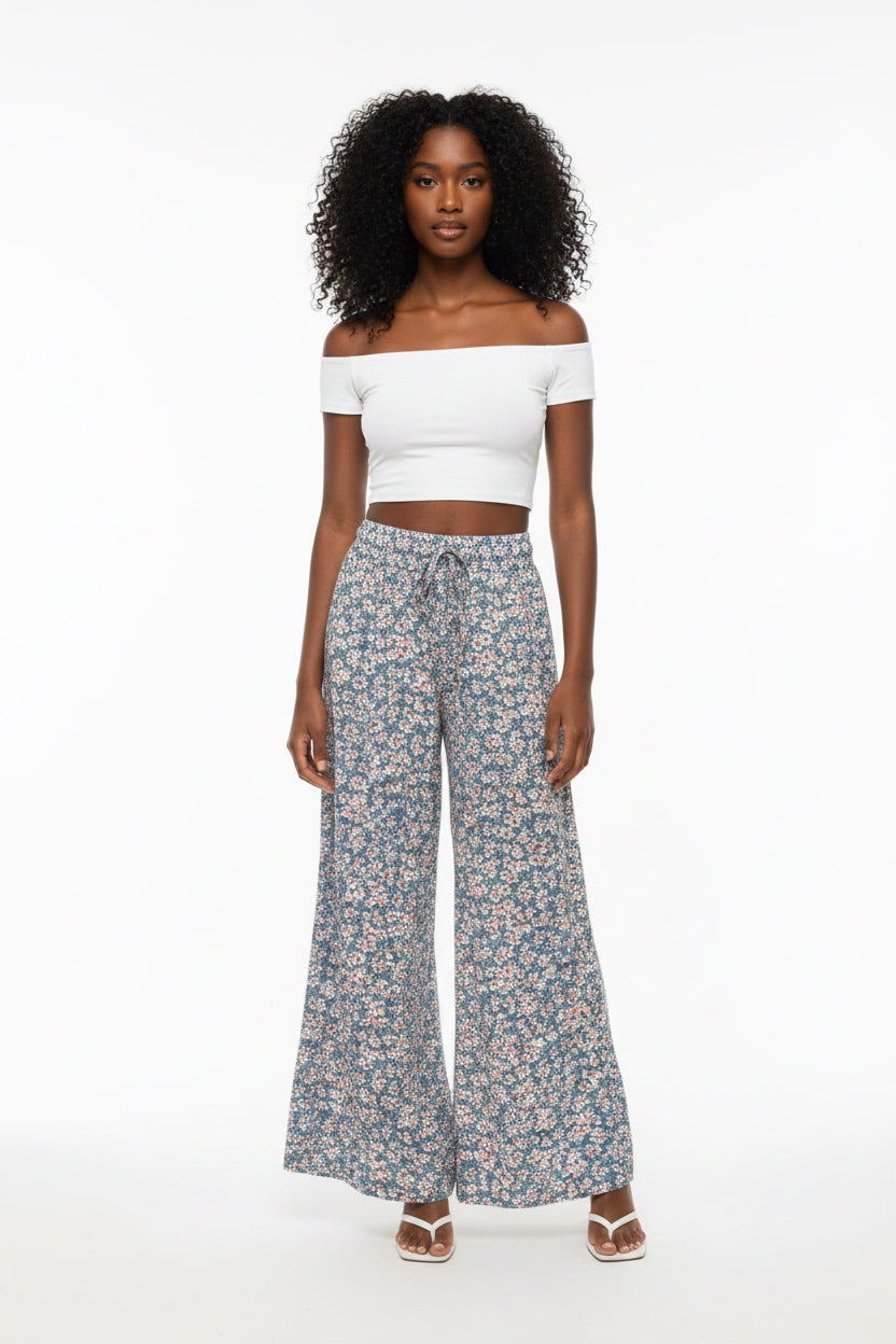 Women Floral Lightweight Wide Leg Pants With Elastic Waist, Drawstring and Pockets