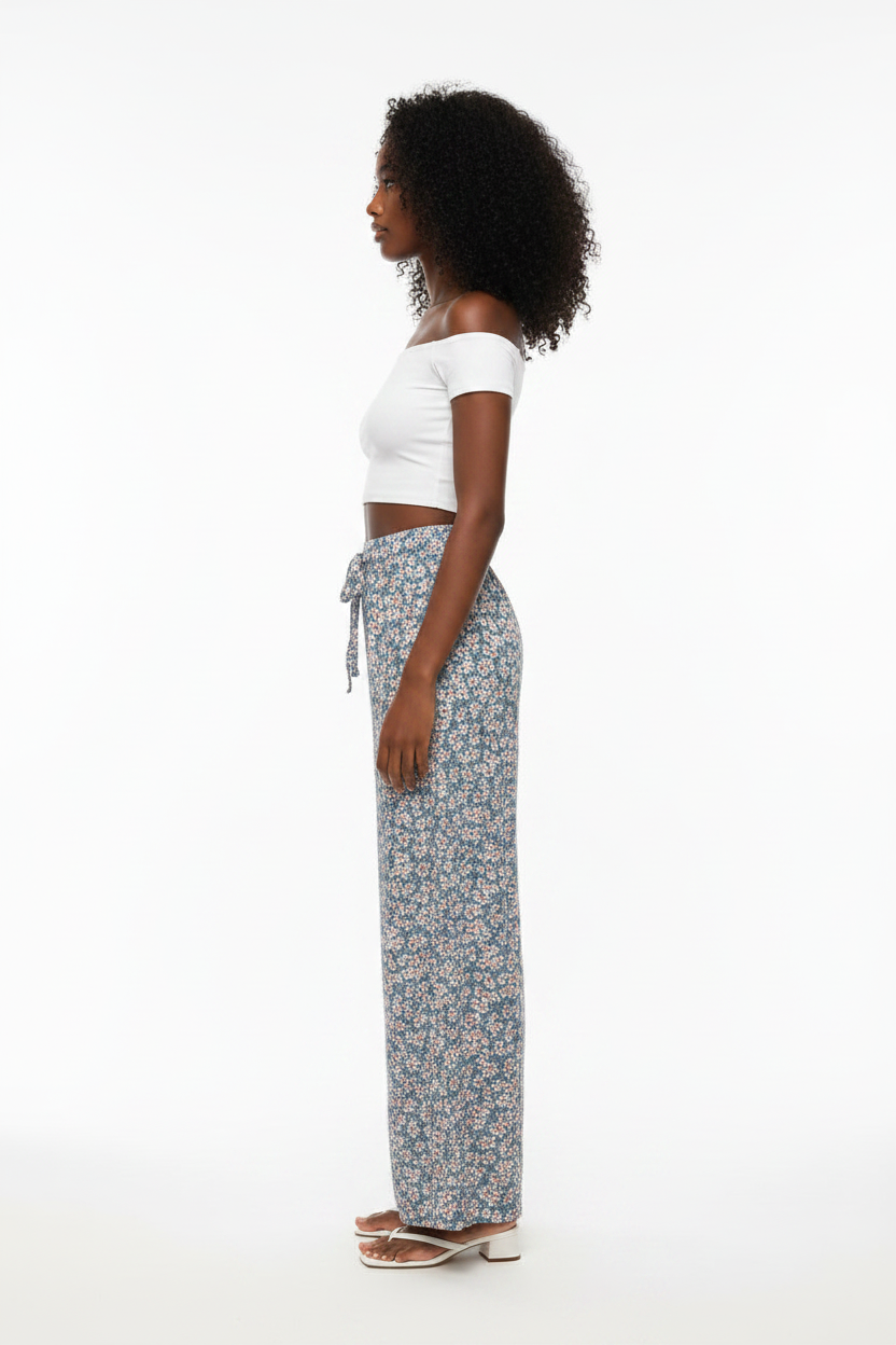 Women Floral Lightweight Wide Leg Pants With Elastic Waist, Drawstring and Pockets