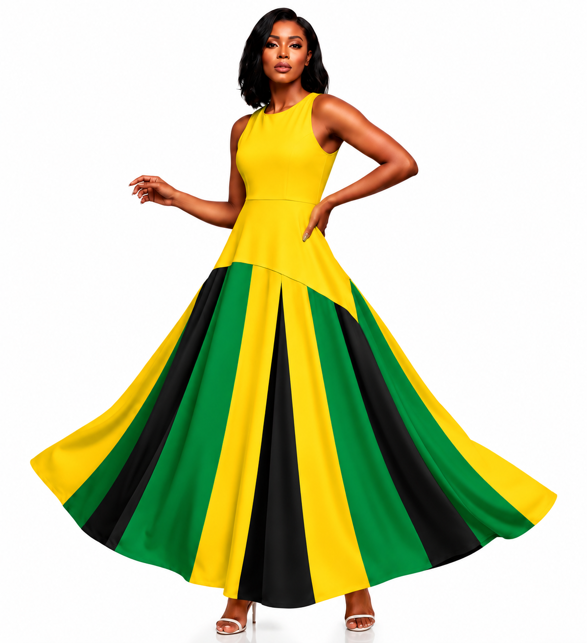 Jamaican Flag Colorblock Maxi Dress | Sleeveless Fit and Flare Gown