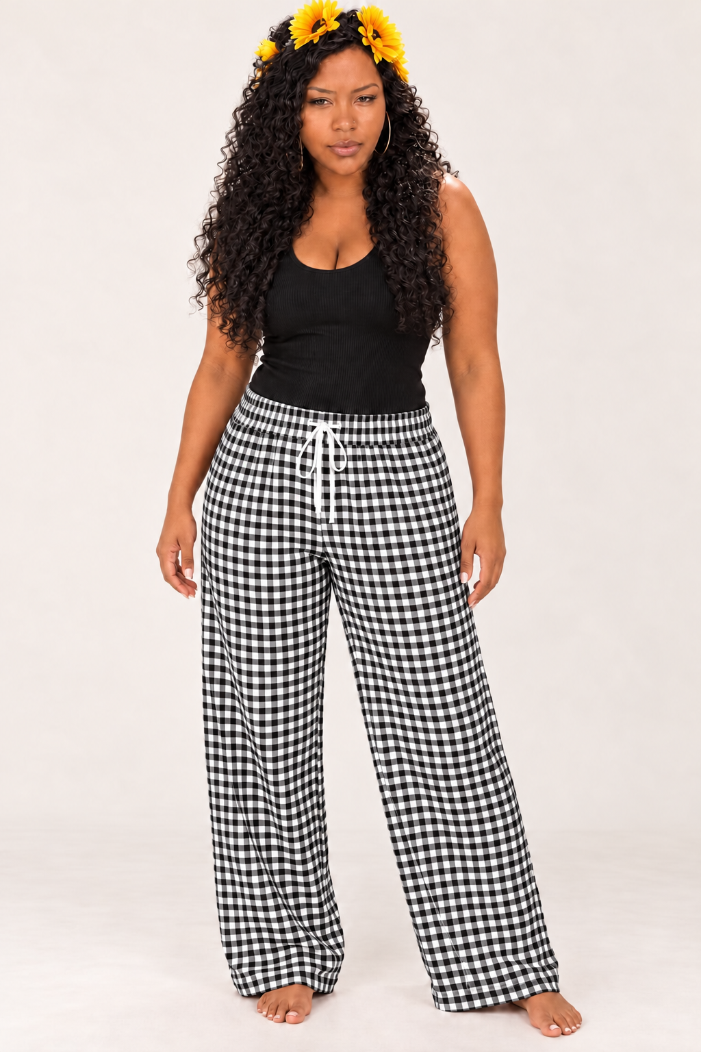 Women’s Gingham Wide Leg Pants – Plaid Drawstring Casual Lounge Pants, 6 Colors