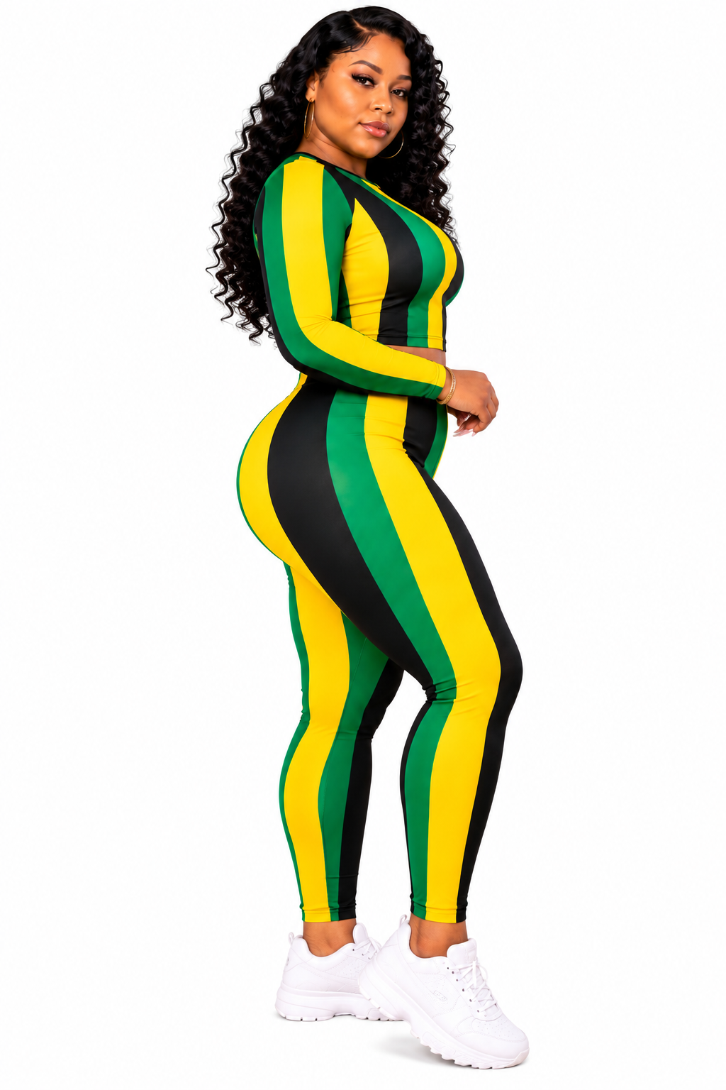 Jamaica Stripe Two Piece Set | Jamaican Outfit for Women | Green Gold Black Leggings & Long Sleeve Crop Top | Jamaica Pride Outfit