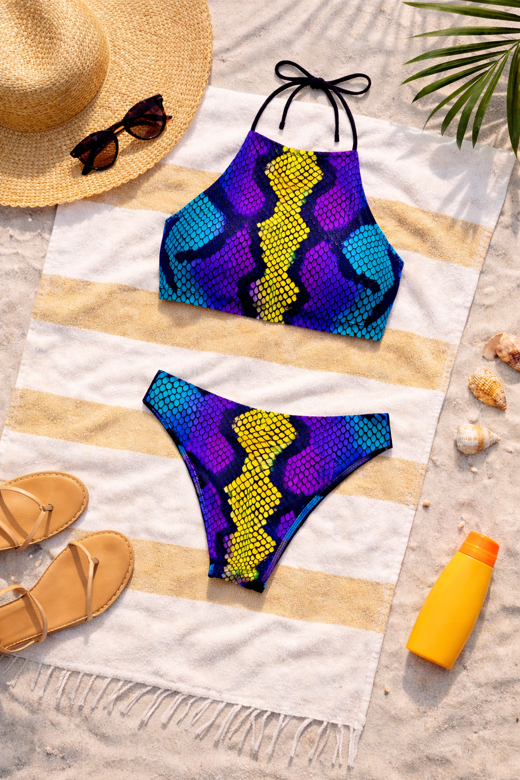 Neon Snake High-Neck Bikini