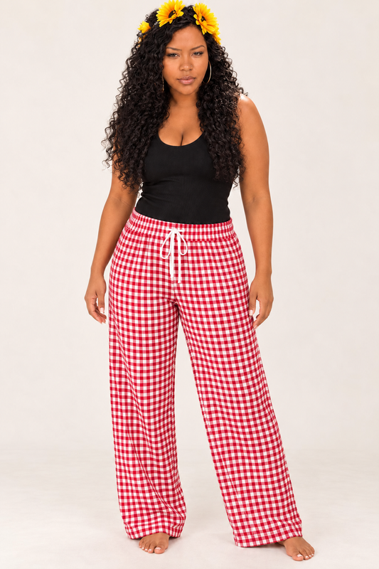 Women’s Gingham Wide Leg Pants – Plaid Drawstring Casual Lounge Pants, 6 Colors