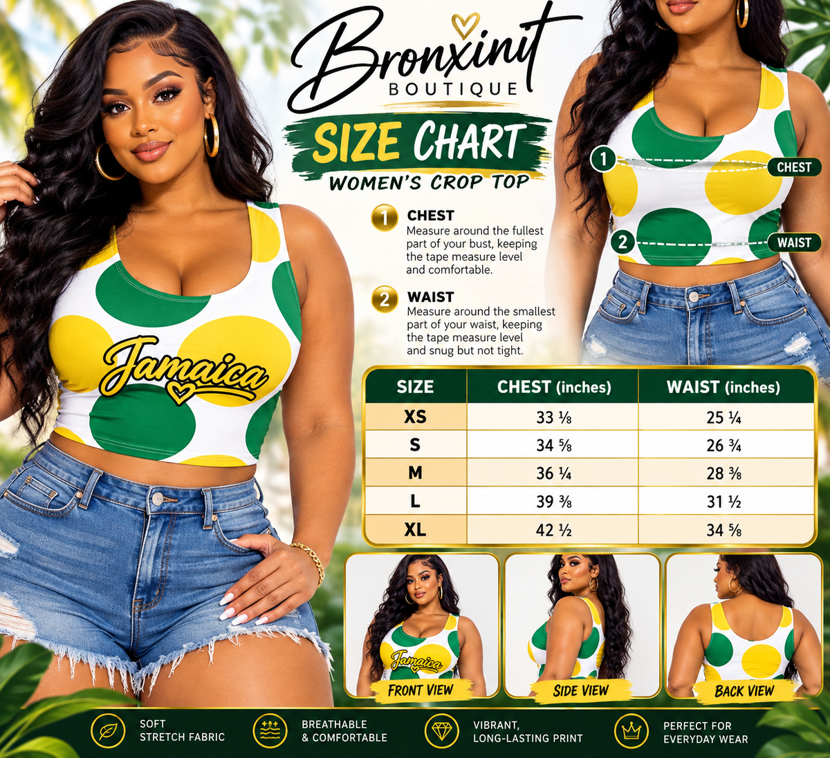 Jamaica Love Polka Dot Crop Top – Women's Green & Gold Sleeveless Tank Top | Jamaican Pride