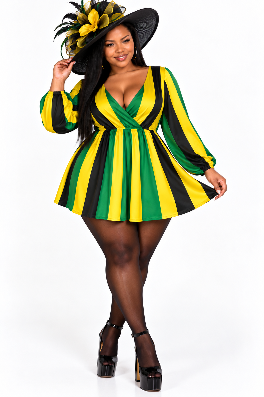 Jamaican Flag Mini Dress – Black, Green, Gold Long Sleeve Party Outfit
