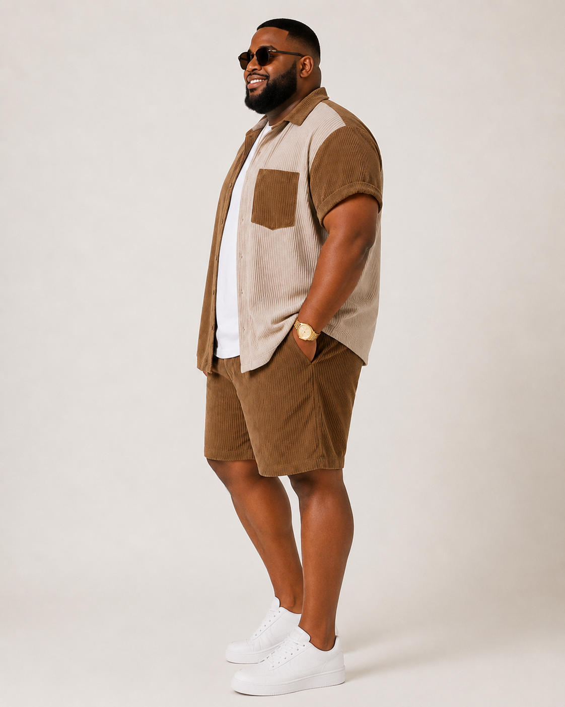 Bronxinit Sandstone Luxe Textured Short Set | Men’s Two-Piece Resort Shirt & Shorts Outfit