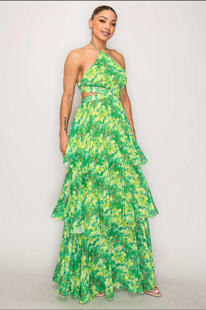 Elizabeth Green Floral Layered Resort Maxi Dress Summer
