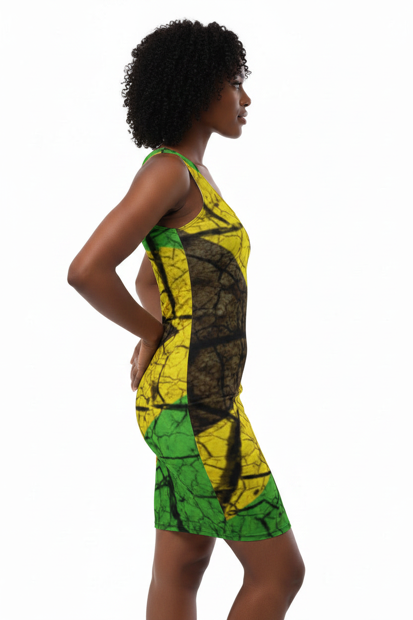 Woman wearing a green and yellow patterned dress on a white background
