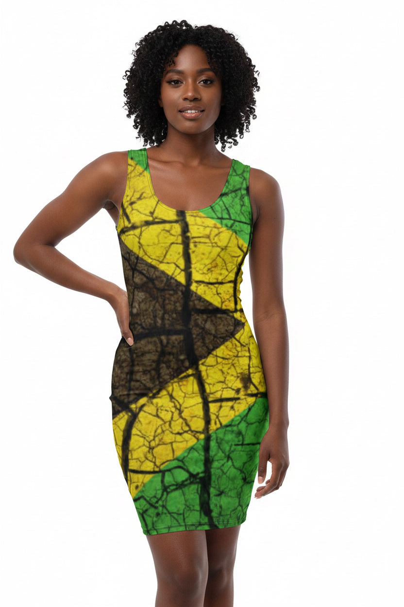 Woman wearing a sleeveless dress with a geometric pattern on a white background