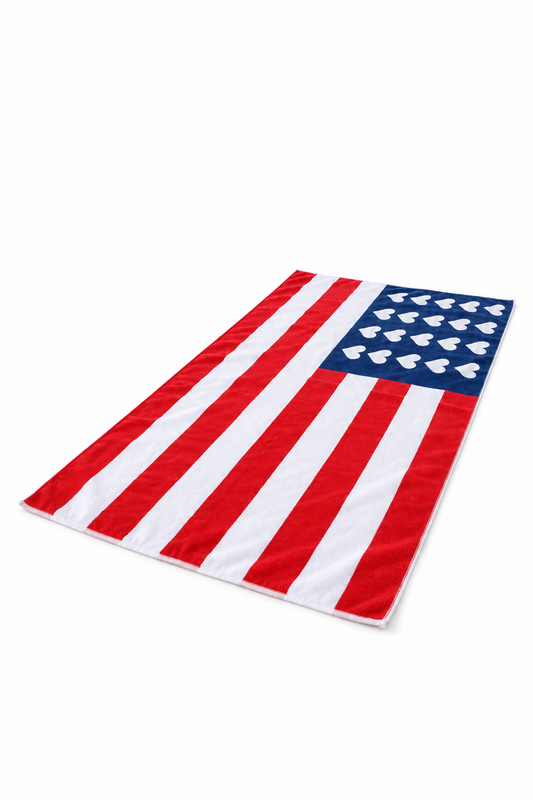 America Love Beach Towel– U.S. Flag Heart Pattern, Patriotic Summer & Pool Towel