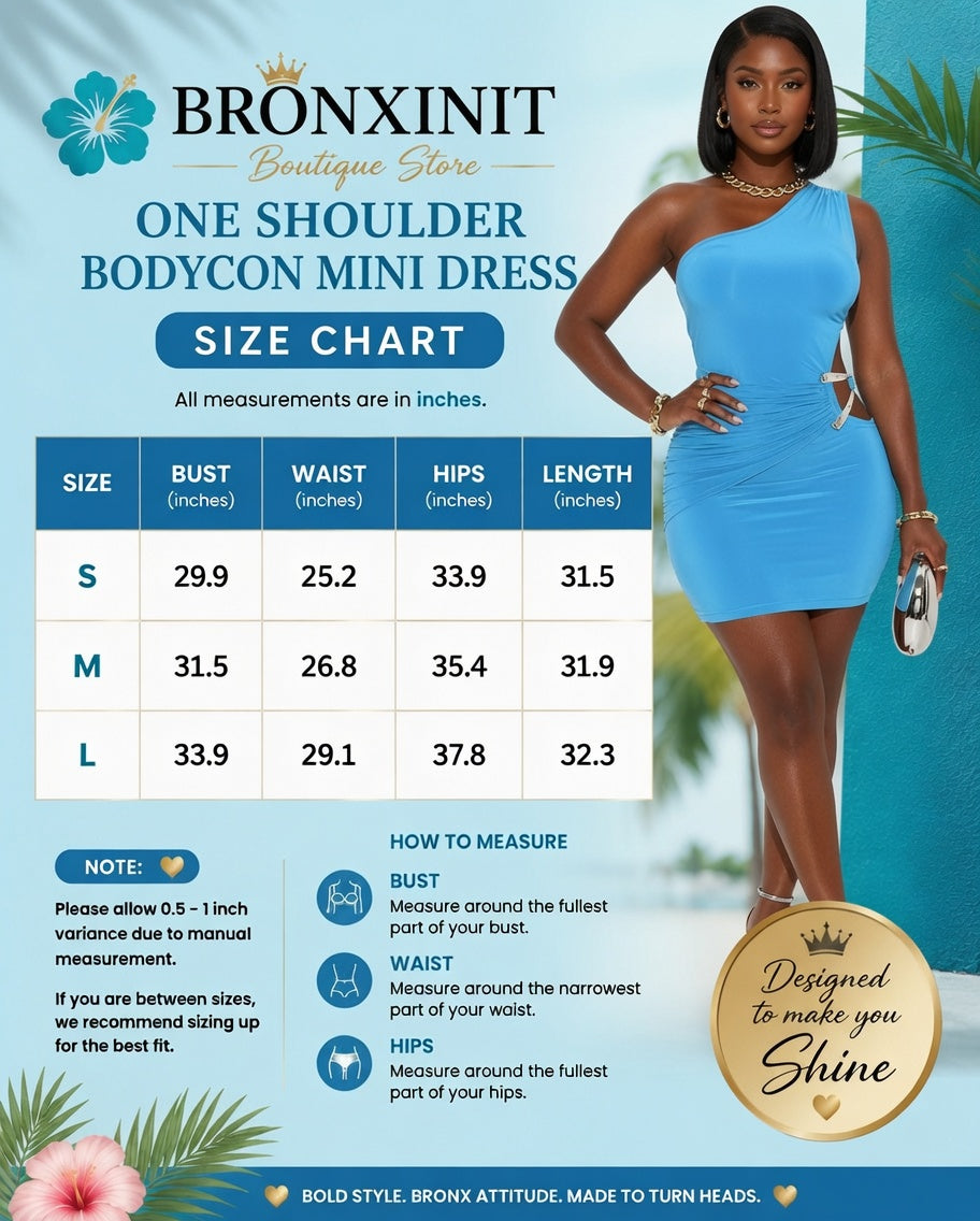 A size chart graphic for a Bronxinit Boutique Store one shoulder bodycon mini dress, featuring a model wearing the dress alongside a sizing table from S to L with bust, waist, hips, and length measurements in inches.