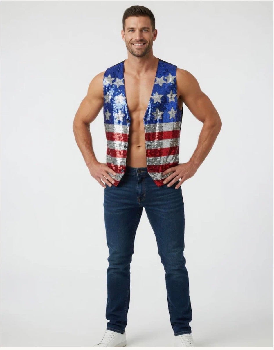 Men’s American Flag Sequin Vest – Patriotic Sparkle Vest for 4th of July & Party Wear