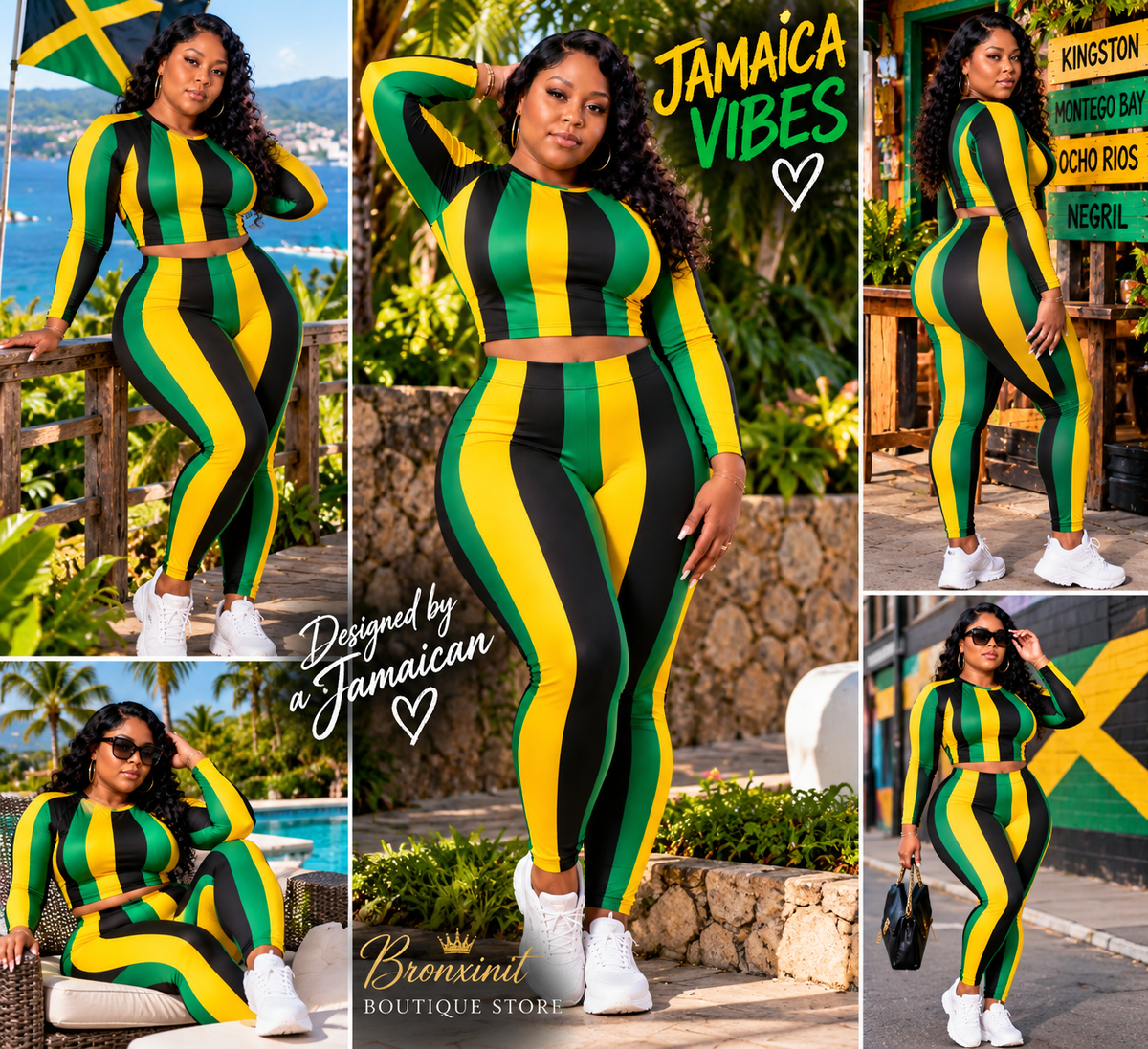 Jamaica Stripe Two Piece Set | Jamaican Outfit for Women | Green Gold Black Leggings & Long Sleeve Crop Top | Jamaica Pride Outfit