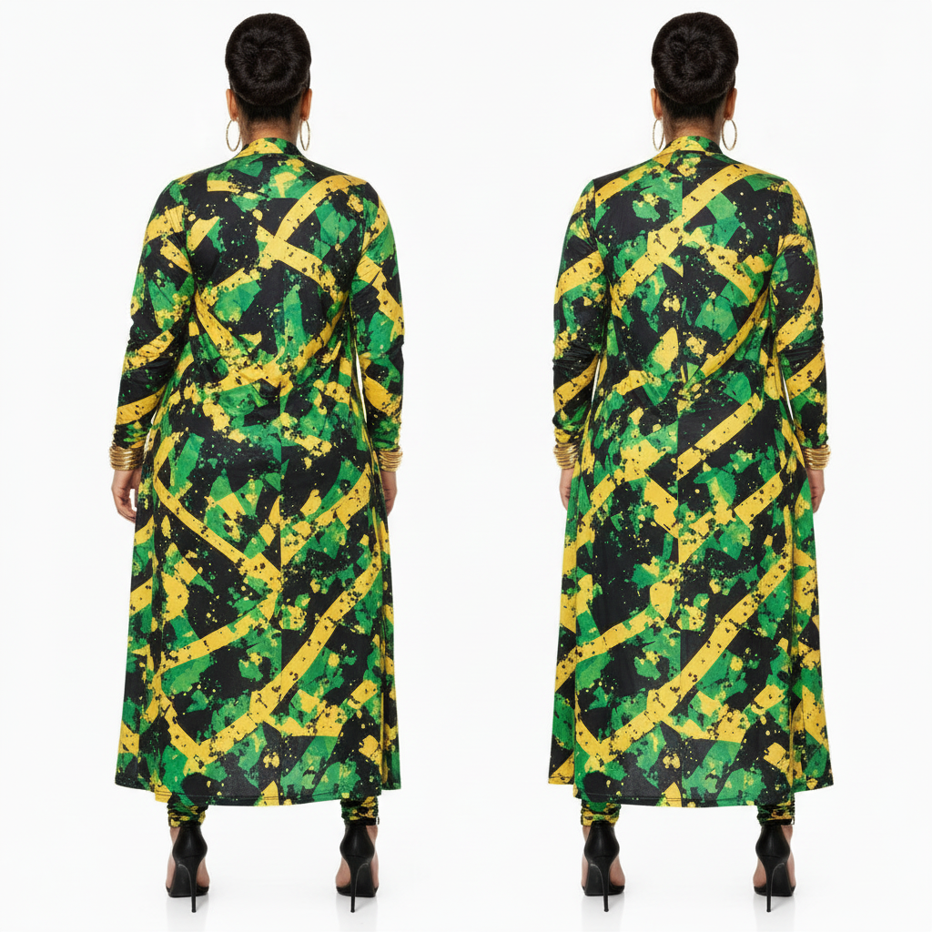 Two back views of a woman modeling a long-sleeve maxi dress with a bold green, yellow, and black abstract brushstroke pattern against a plain white background.