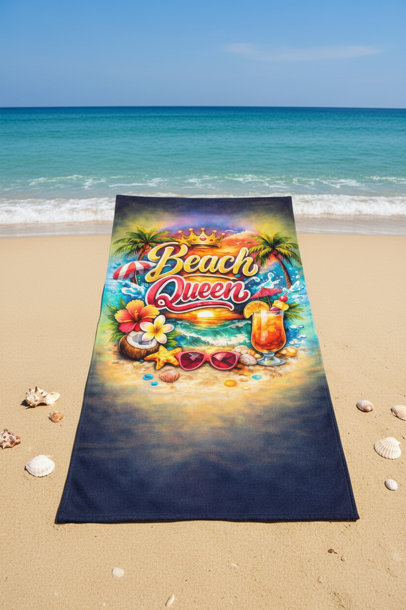 Beach towel with 'Beach Queen' design featuring tropical elements and a crown.