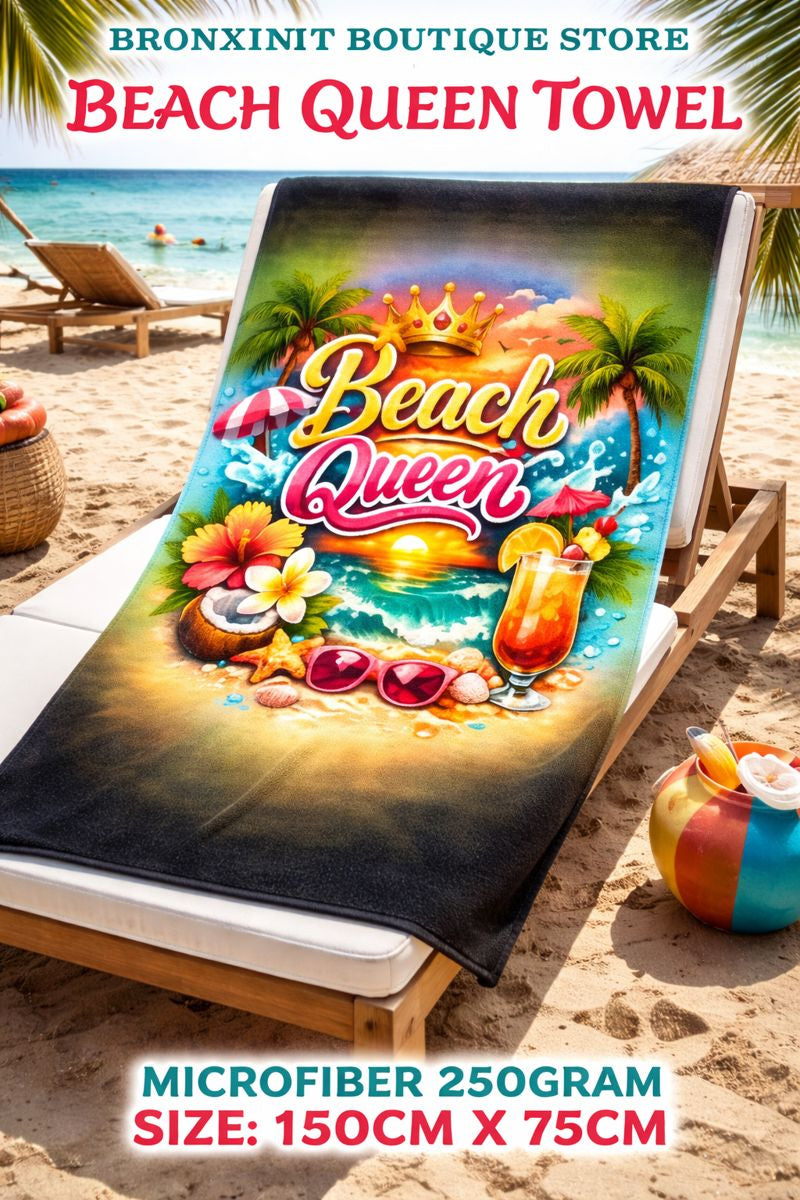 Beach Queen towel with tropical design on a beach setting