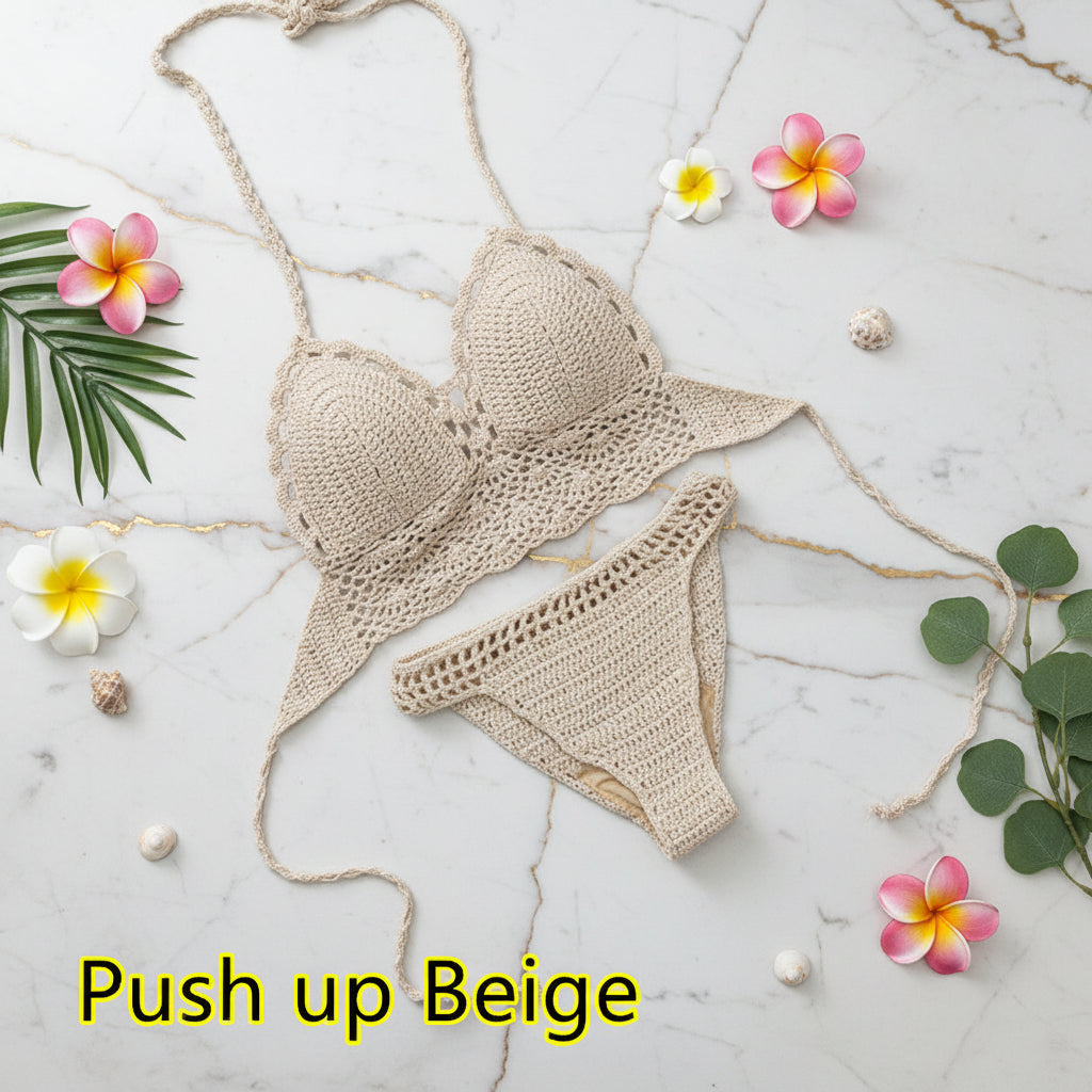 Beige crochet push-up bra and panties set on a gray marble surface with 'Push up Beige' text.