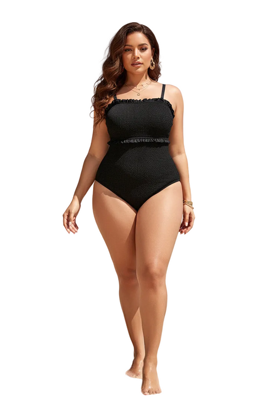 Plus Size Smocked Modest One-Piece Swimsuit with Ruffle Trim | High Coverage Black Swimwear