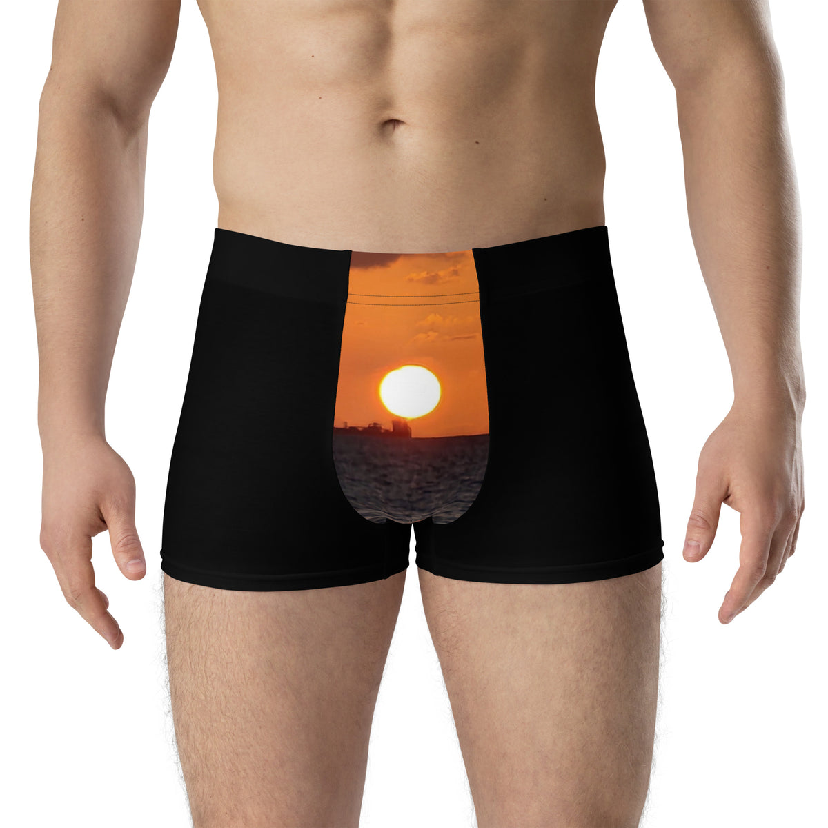 This image features the Blazing Sunset Boxer Briefs, designed for comfort and style. The boxer briefs are crafted from a soft, stretchy blend of 95% polyester and 5% elastane, ensuring a comfortable fit throughout the day.