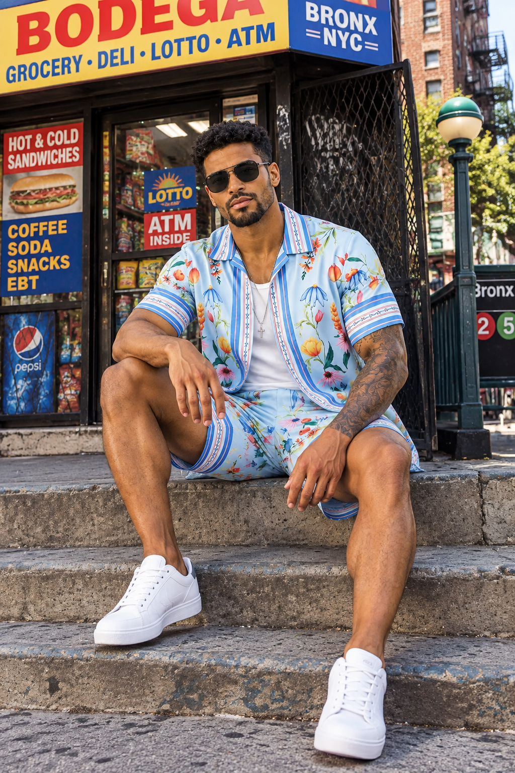 City Island Bloom Men’s Floral Shirt & Shorts Set – Blue Summer Two-Piece Outfit