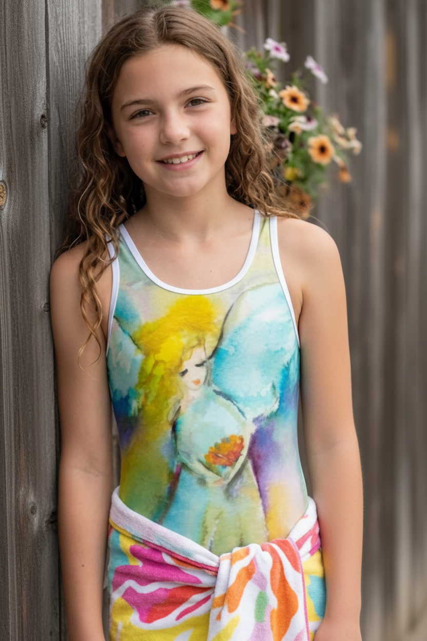 A young girl with curly brown hair smiling, wearing a sleeveless tank top and matching sarong with a colorful watercolor print of Tinker Bell.