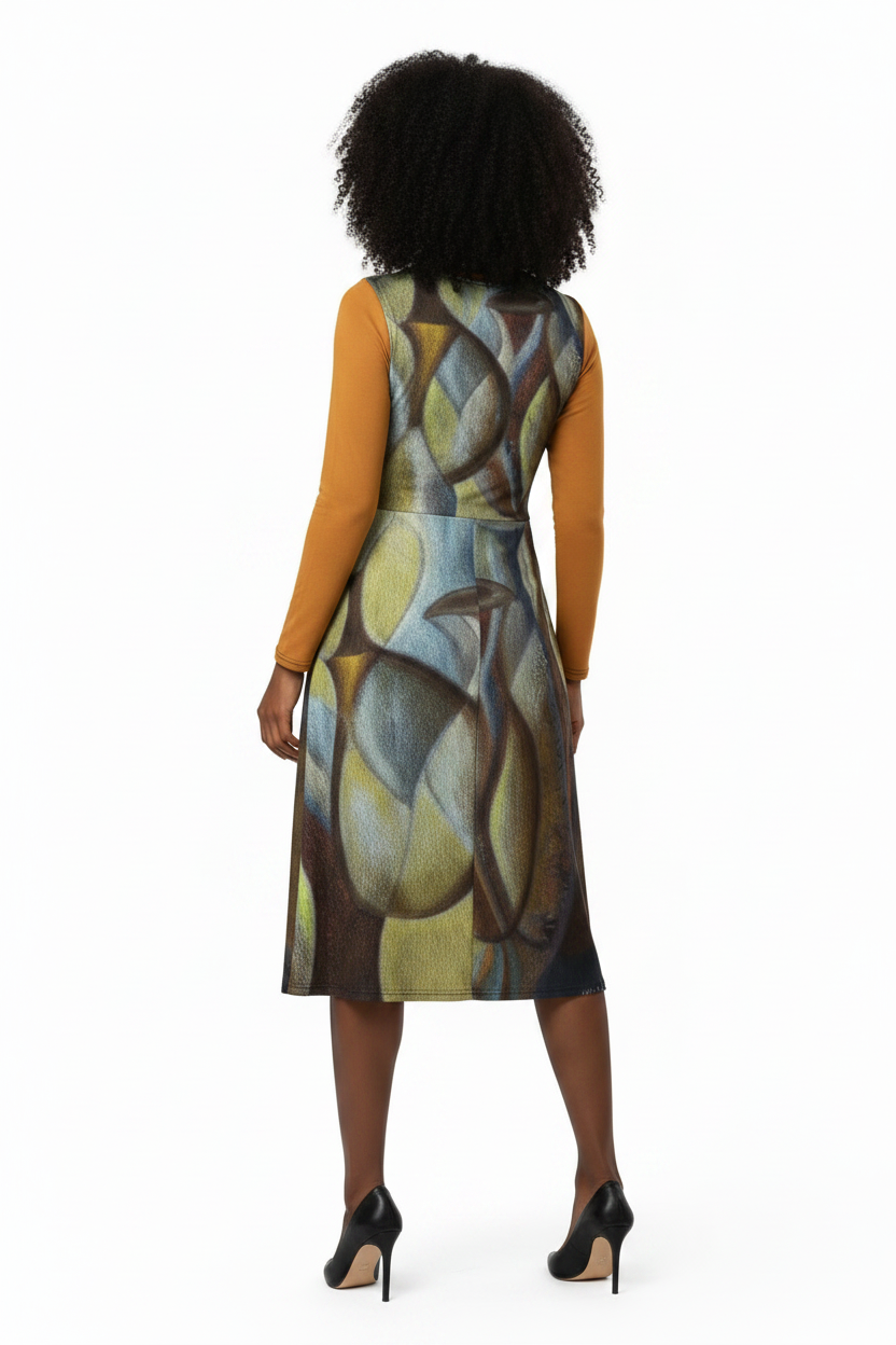 A woman modeling a sleeveless knee-length dress with a colorful abstract print in shades of blue, green, brown, and beige, paired with a mustard yellow long-sleeve underlayer and black heels, shown against a plain white background.