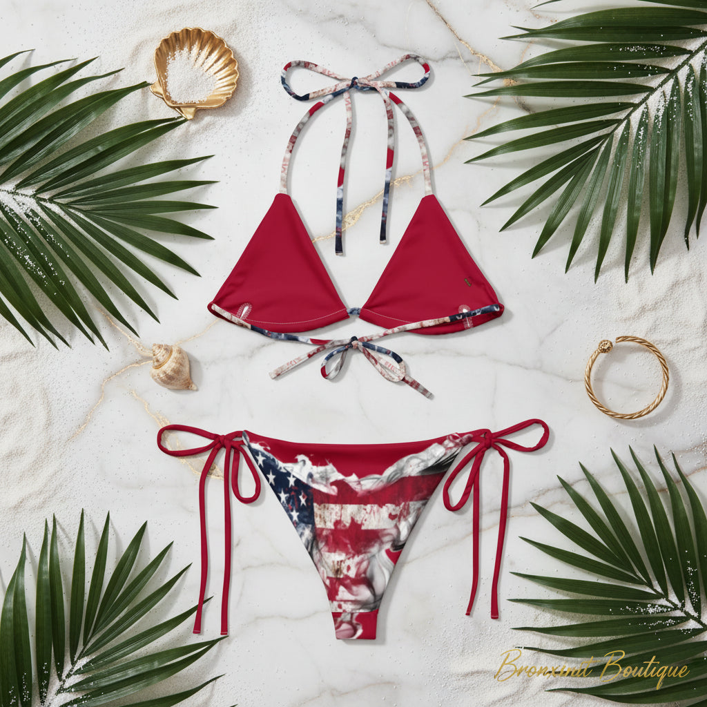 Red bikini set with floral tie-dye straps on a white background