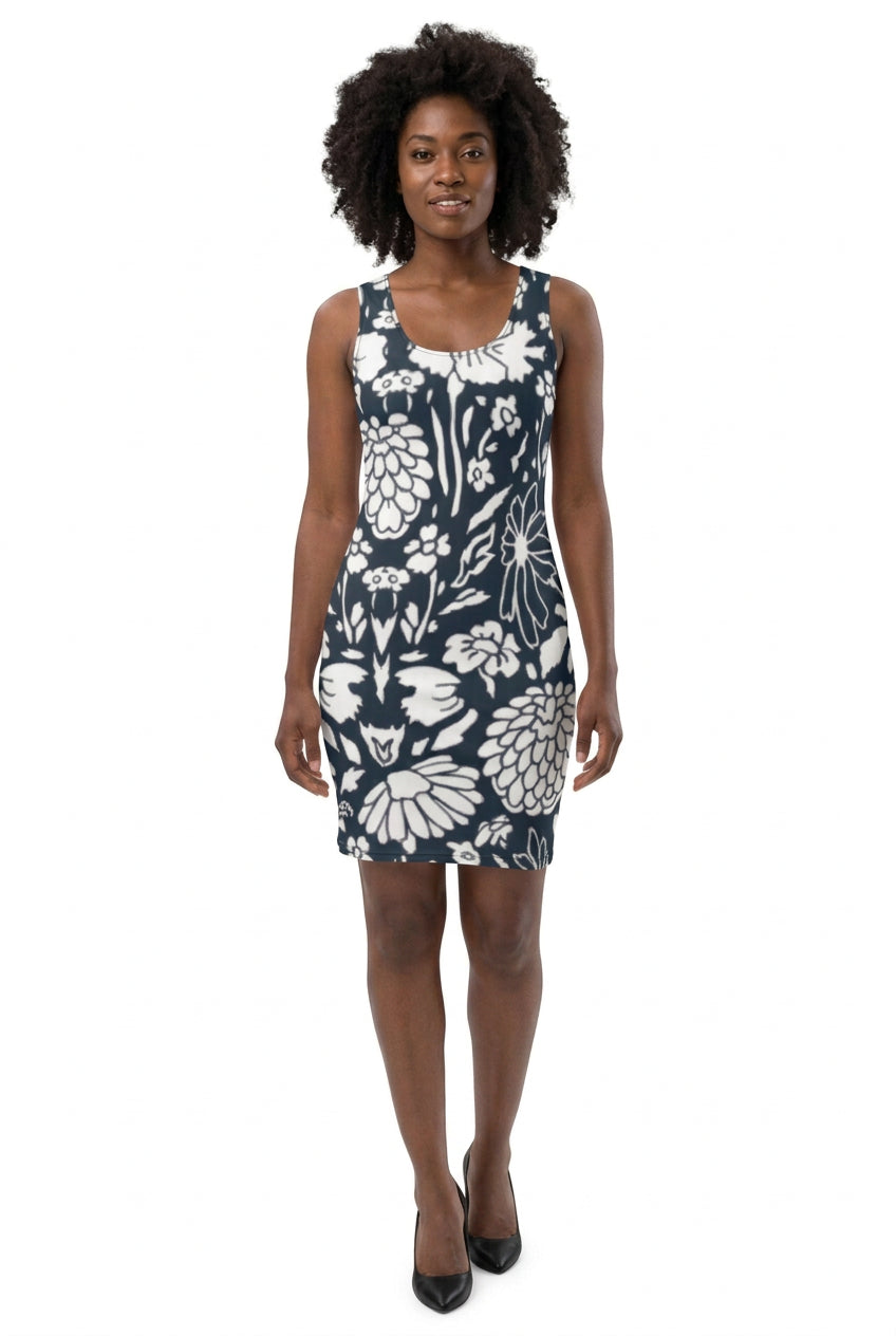 A woman wearing a black and white floral bodycon dress with three-quarter sleeves and a round neckline.