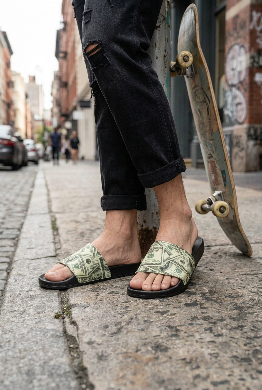 Bronxinit Money Moves Men’s Slide Sandals – Dollar Bill Print