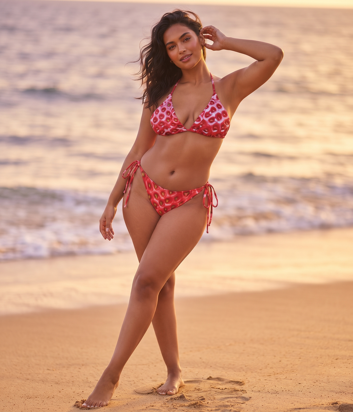 A woman modeling a red and white patterned string bikini on a sandy beach with the ocean in the background during sunset.