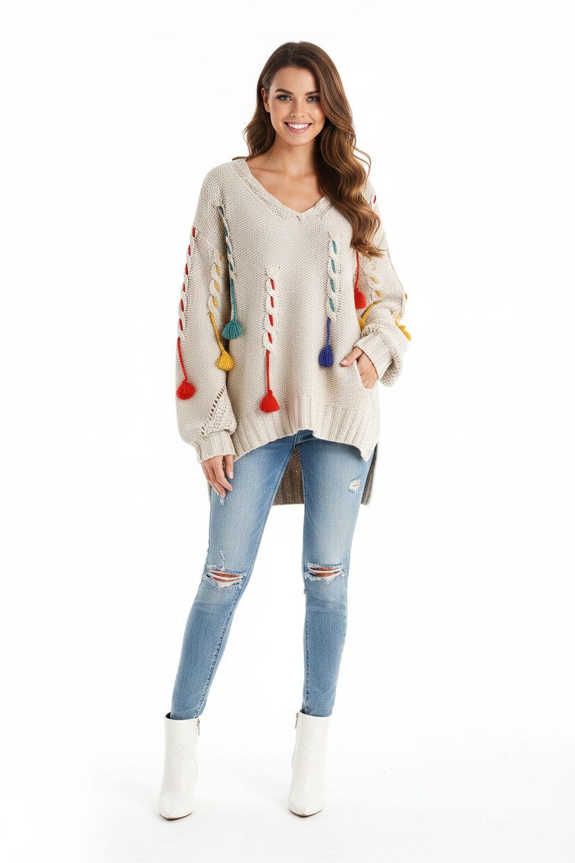 A knitted sweater with colorful tassels hanging from the sleeves, primarily in beige with colorful accents.