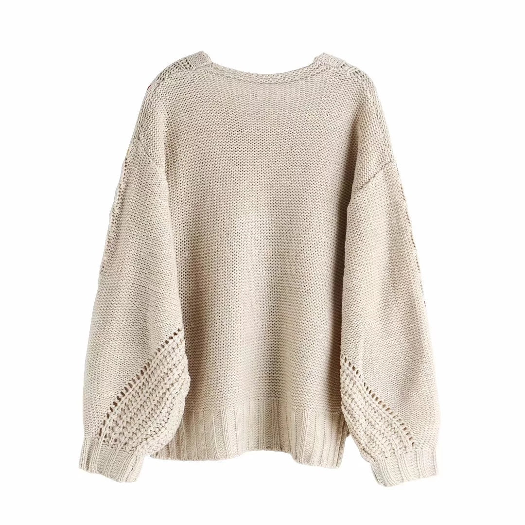 Bronxinit Women’s V-Neck Tassel Detail Oversized Knit Sweater