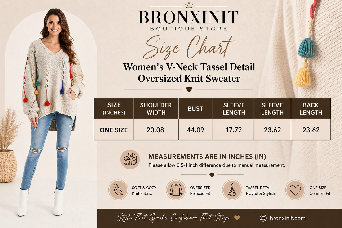 Bronxinit Boutique Store size chart graphic for Women's V-Neck Tassel Detail Oversized Knit Sweater, featuring a model wearing the cream knit sweater on the left and a measurement table on the right.