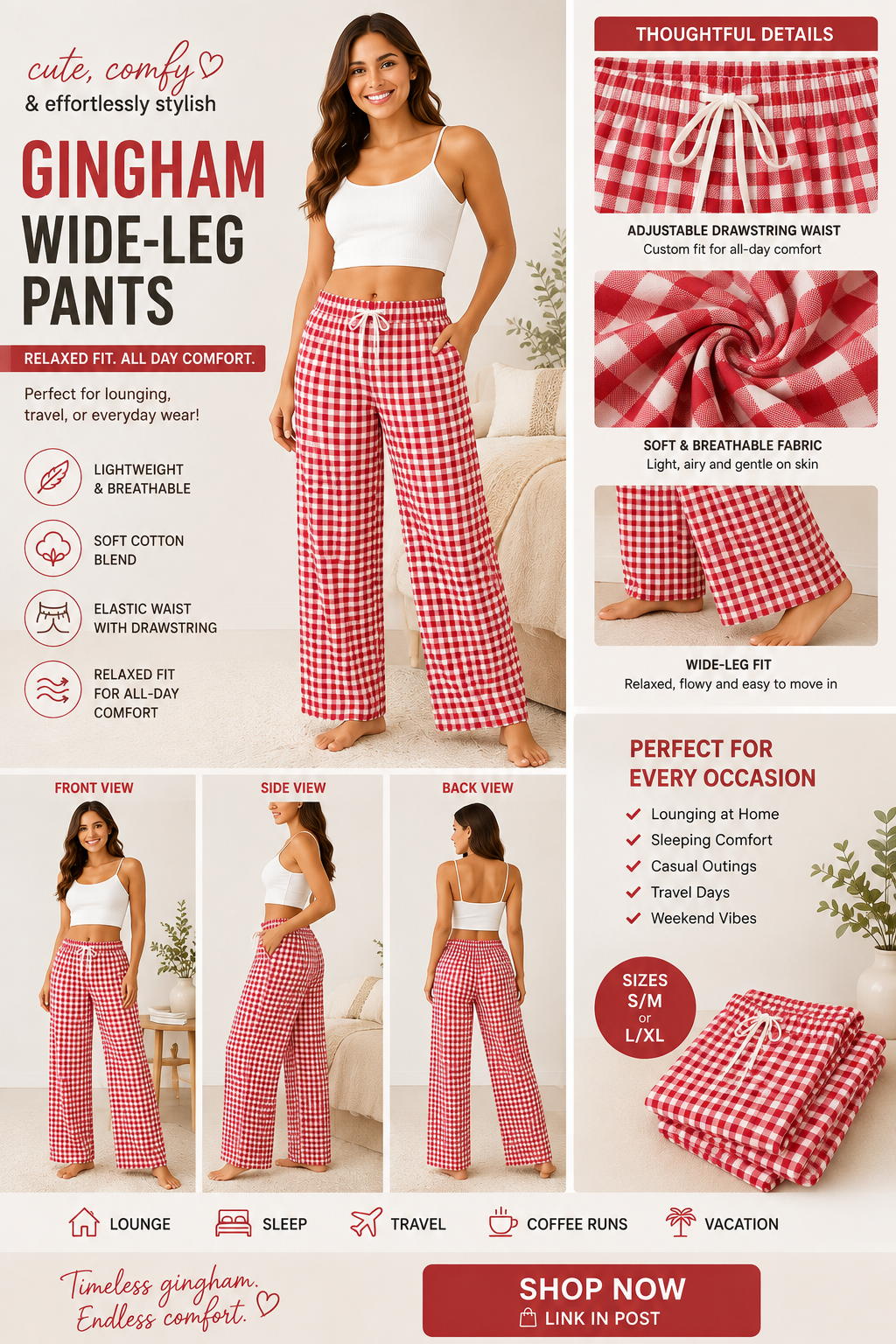Women’s Gingham Wide Leg Pants – Plaid Drawstring Casual Lounge Pants with Pockets, 6 Colors