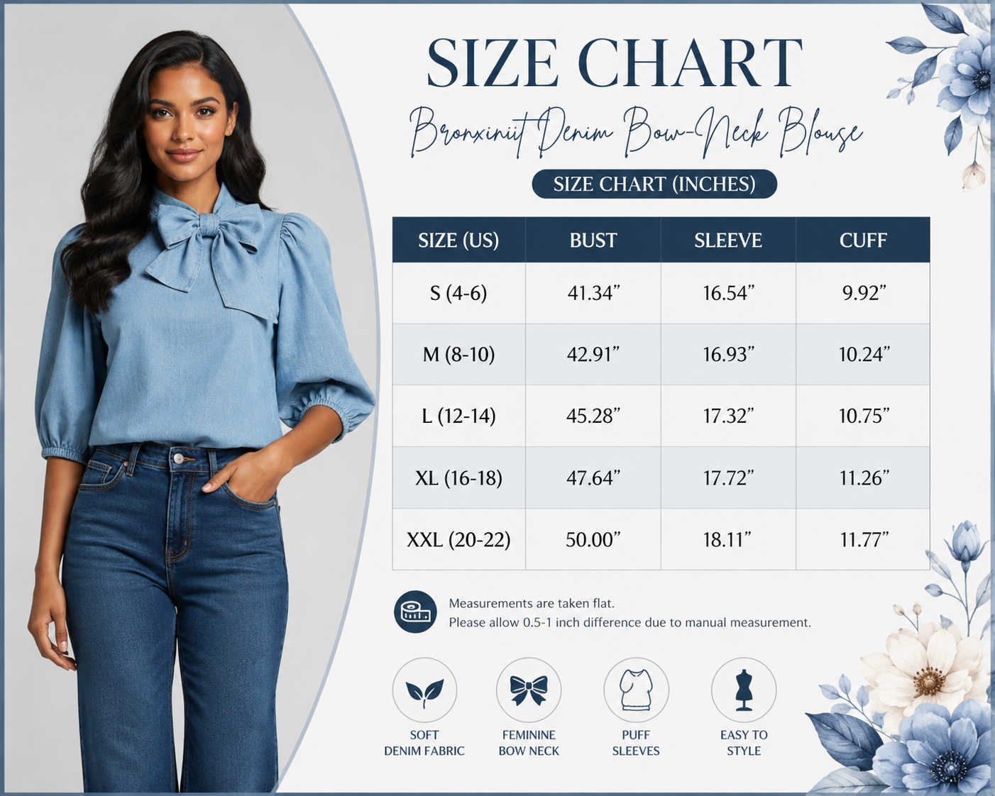 Bronxinit Denim Bow-Neck Blouse | Women’s Puff Sleeve Chambray Top