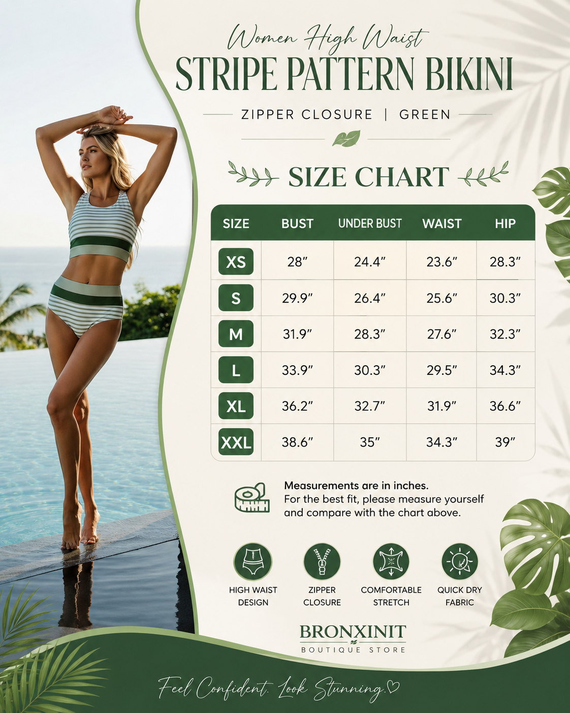 Women High Waist Stripe Pattern Bikini, Zipper Closure, Green