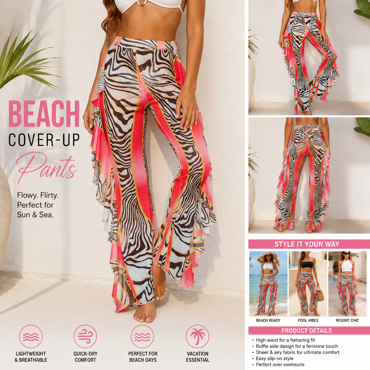 Bronxinit Wild Paradise Zebra Ruffle Beach Cover-Up Pants