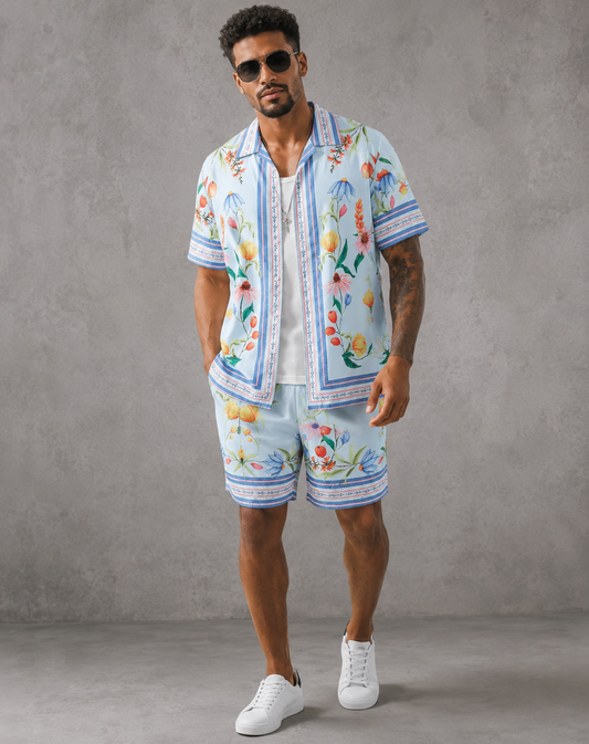 Blue Bloom Co-Ord Men Shirt and Shorts Set US Size Large