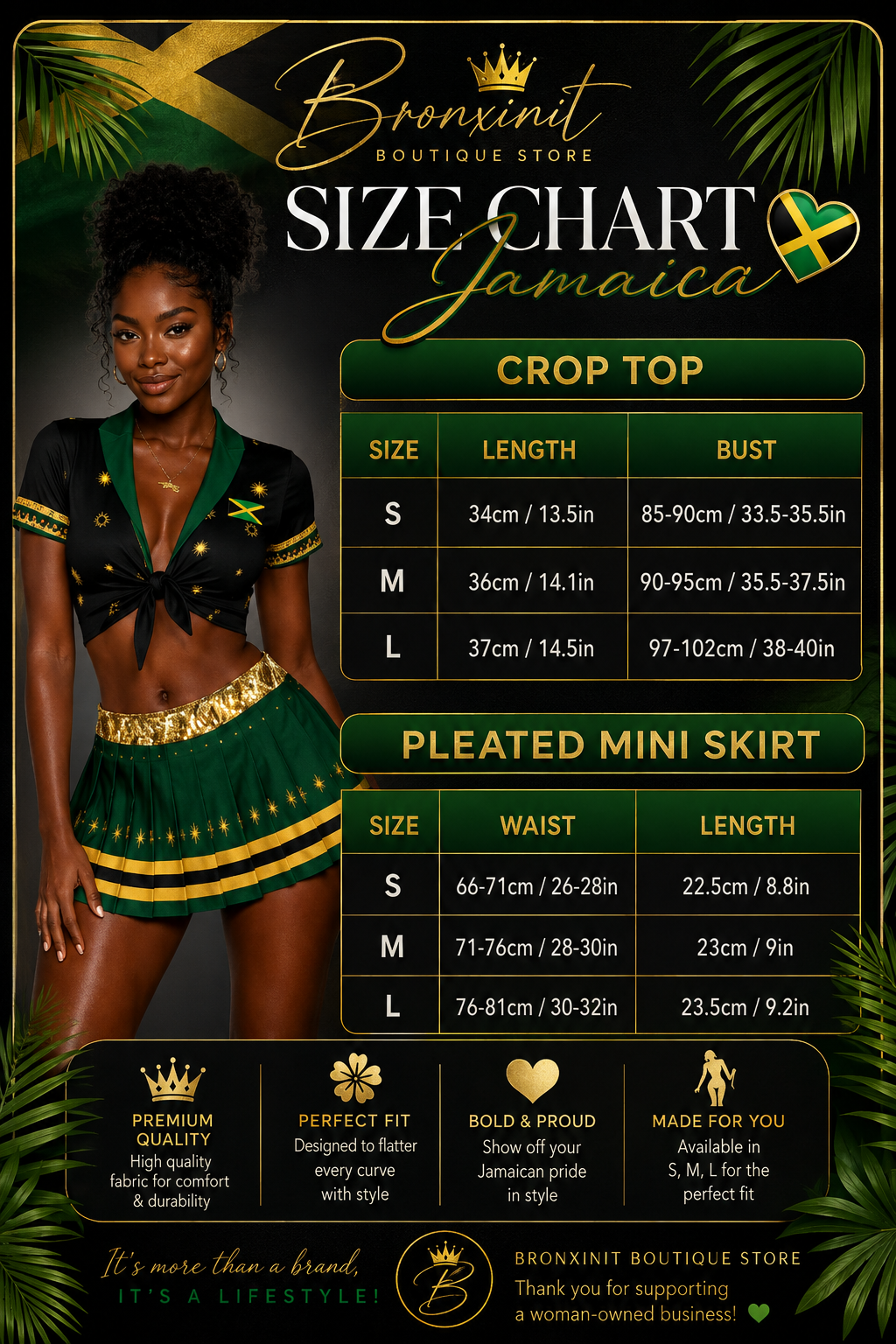 Jamaican Flag Cheerleader Outfit - Black Green Gold Crop Top & Pleated Mini Skirt Set