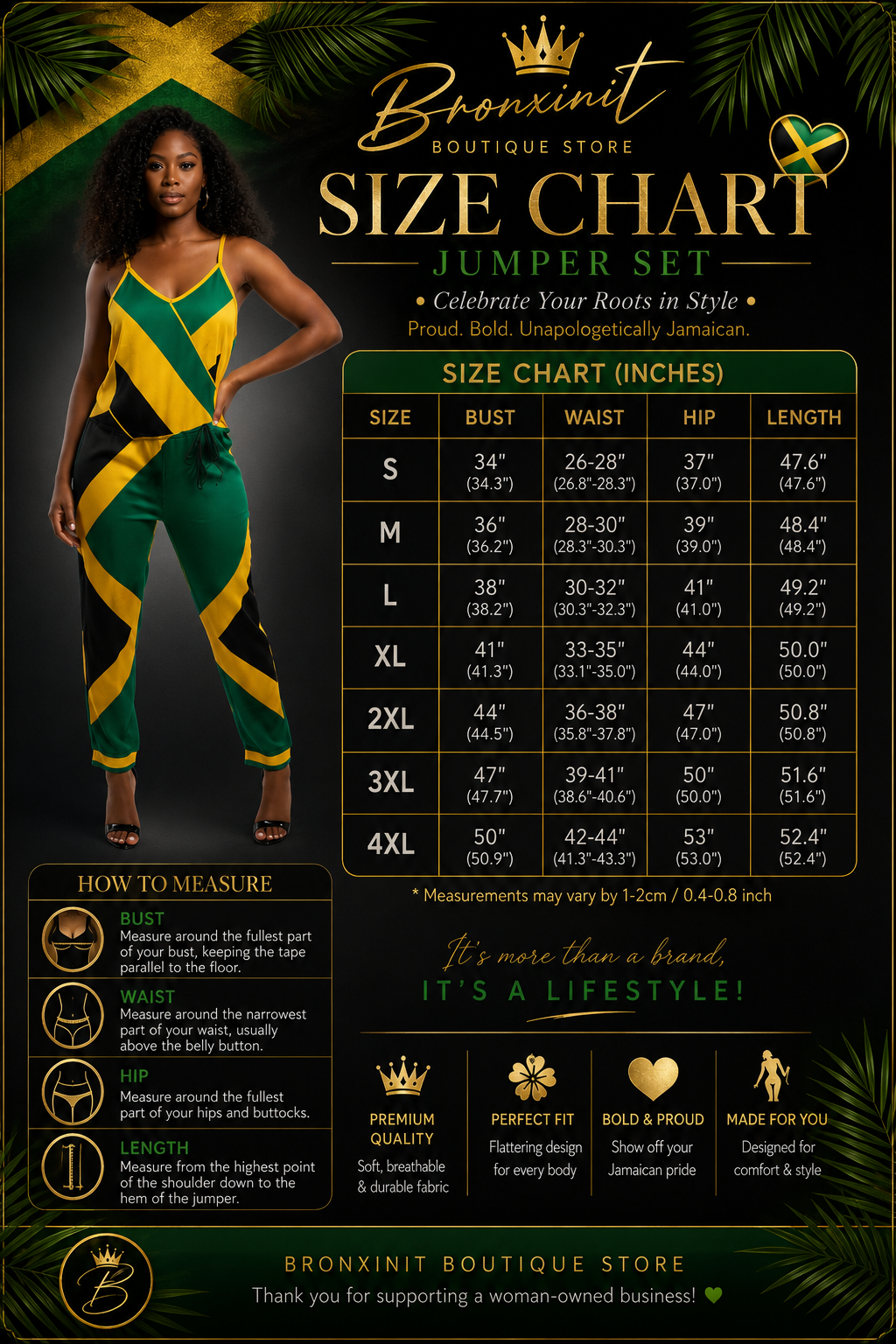 A promotional size chart graphic for the Bronzin Boutique Store Jumper Set, featuring a model wearing a yellow and green jumpsuit on the left side and a large measurement table on the right with sizes S through 4XL in inches. The graphic includes branding, sizing instructions, and product highlights on a dark tropical background.
